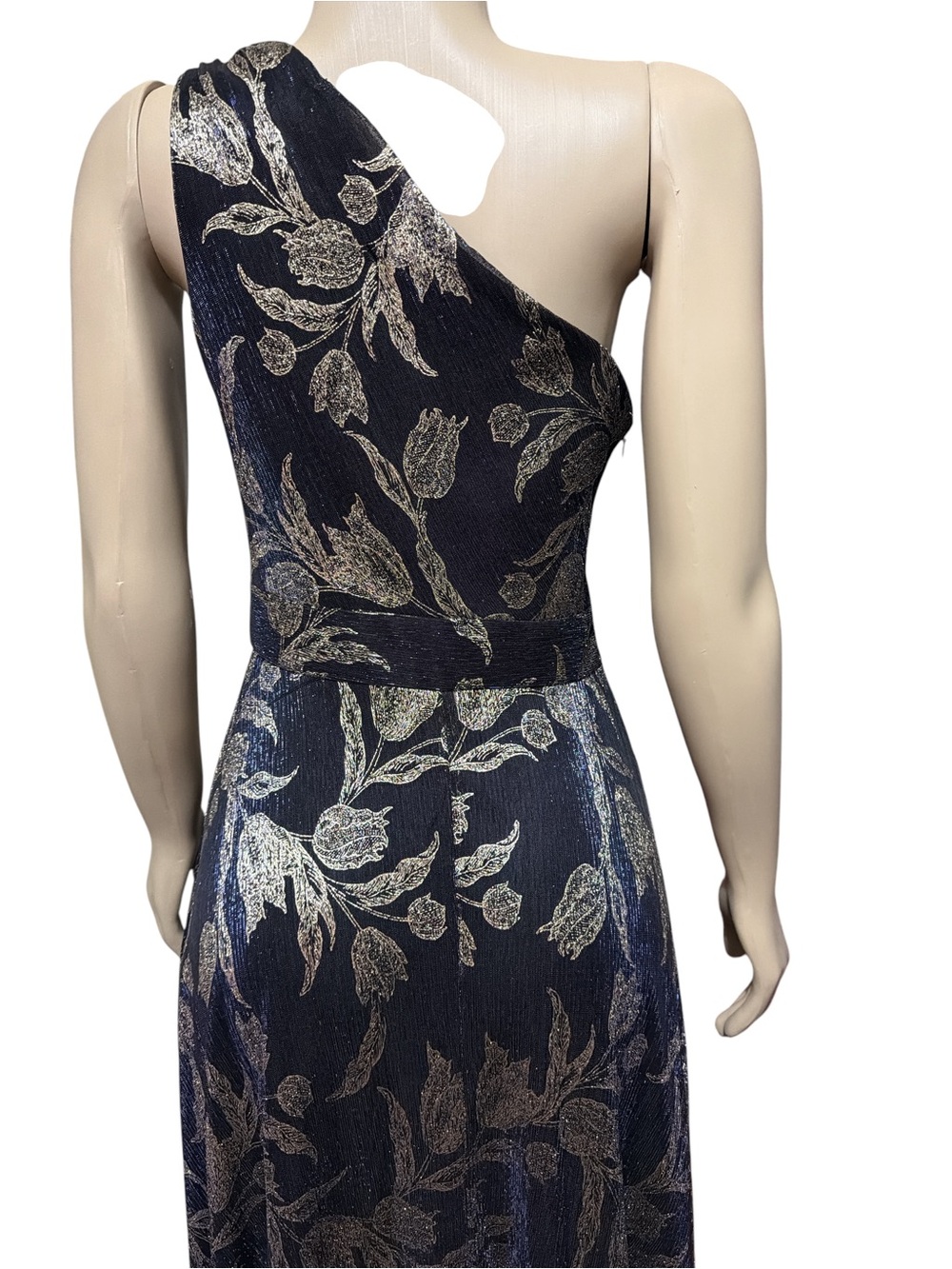 NWT Betsy & Adam Sz 6 Navy Gold Metallic Floral One-Shoulder Evening Gown $278 - Picture 7 of 9